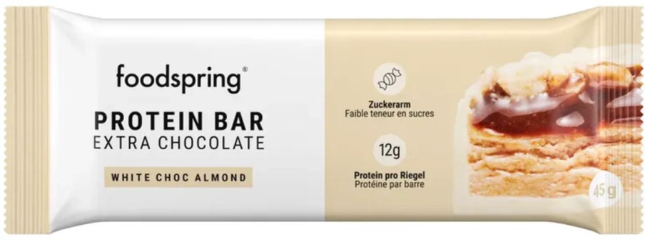 foodspring Barrette | Protein Bar Extra Chocolate, White Choc Almond (45 G)