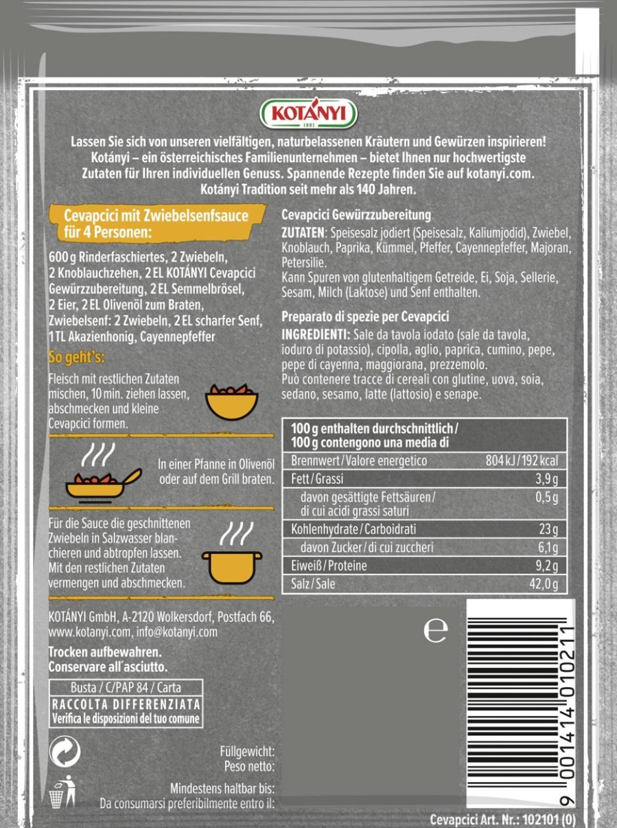 KOTÁNYI Mix Di Spezie | Preparato Per Cevapcici, 28 G