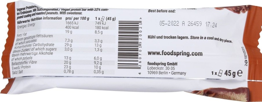 foodspring Barrette | Vegan Protein Bar Extra Layered, Roasted Peanut, 45 G