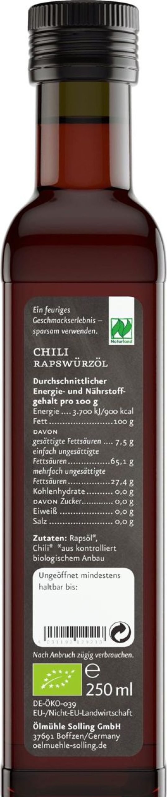 Ölmühle Solling Olio Aromatizzato | Olio Aromatizzato Al Peperoncino Naturland, 250 Ml