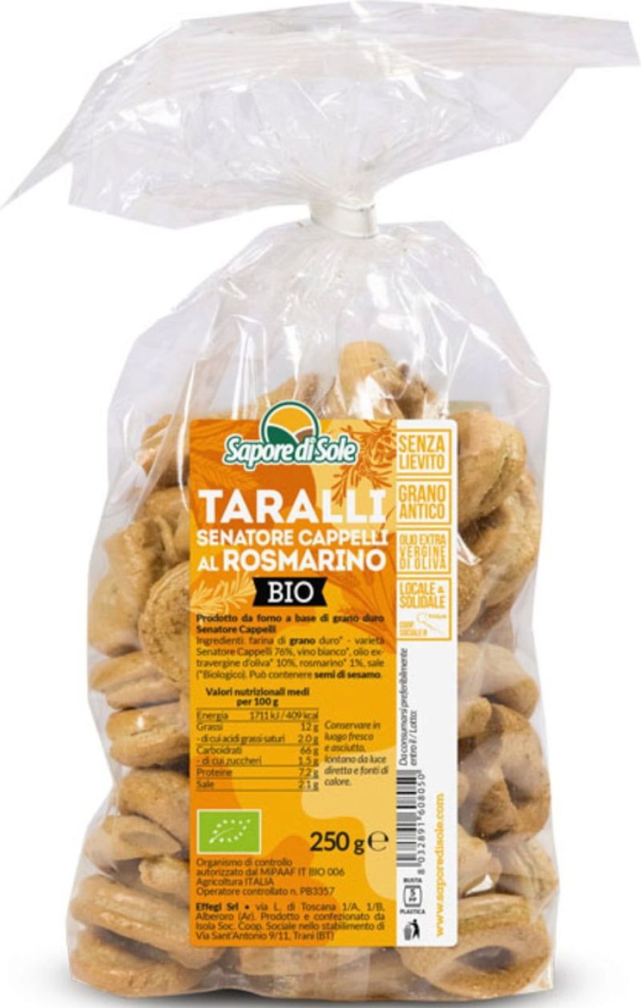 Sapore di Sole Snack Salati | Taralli Senatore Cappelli Al Rosmarino Bio, 250 G
