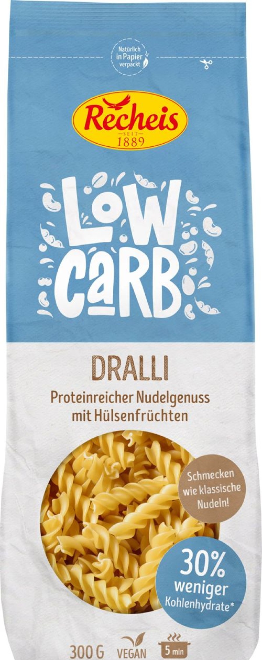 Recheis Pasta | Pasta Low Carb - Fusilli, 300 G - Busta